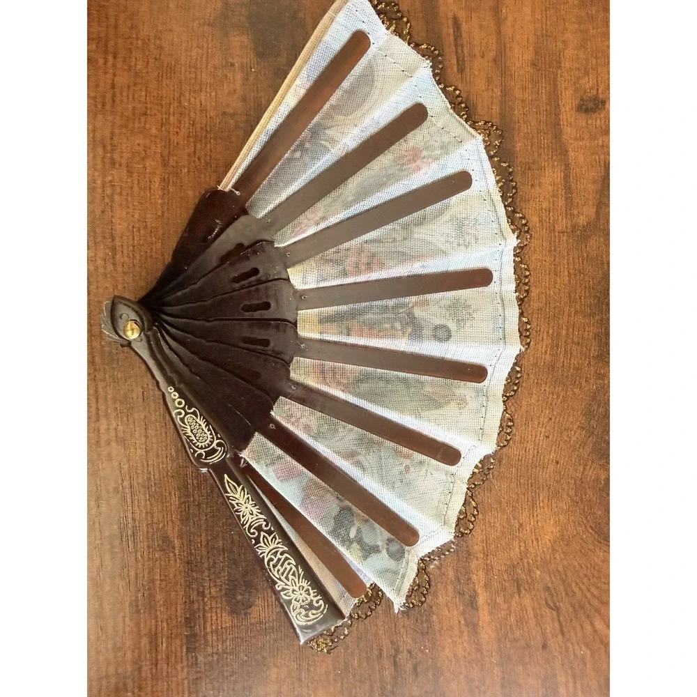 Decorative Spanish Hand Fan Painted Scene Lace Trim Gold Iberian Peninsula